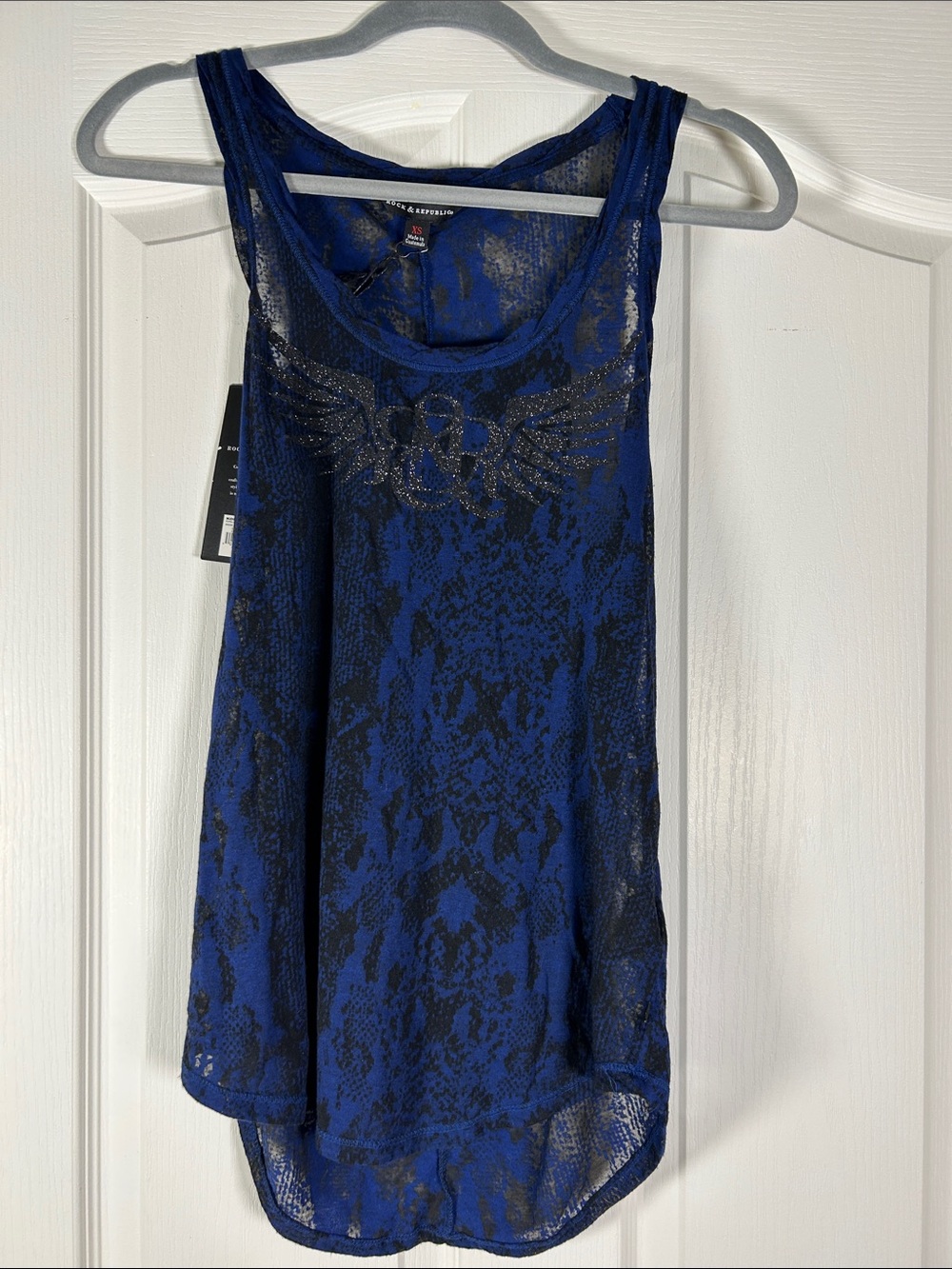Rock & Republic Blue Sleeveless Tank with Metallic Wings size XS